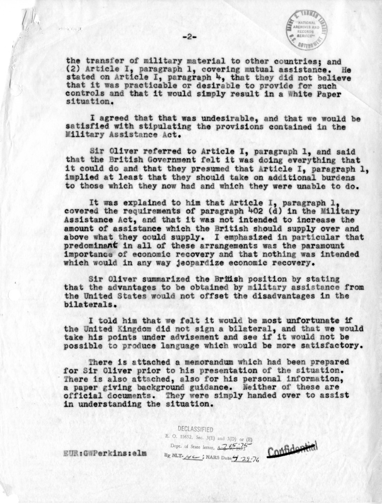 Memorandum of Conversation with Sir Oliver Franks and George W. Perkins