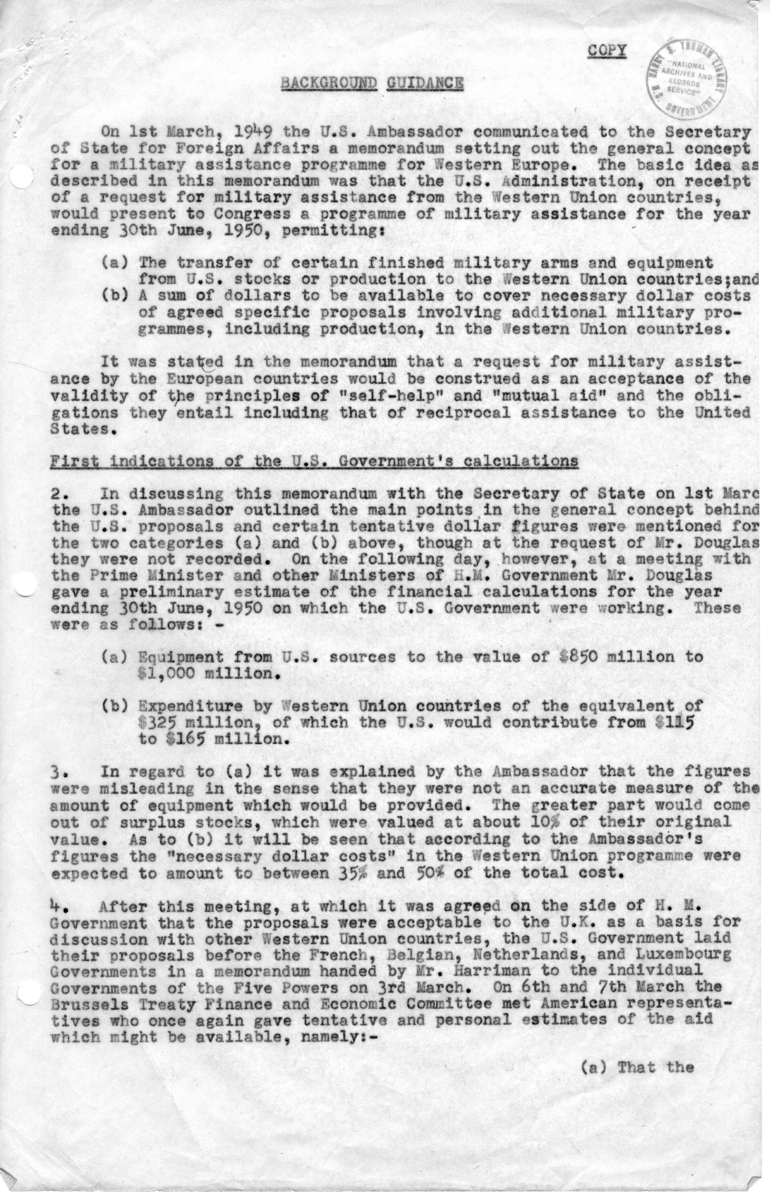 Background Memorandum Regarding United States Military Assistance to Great Britain