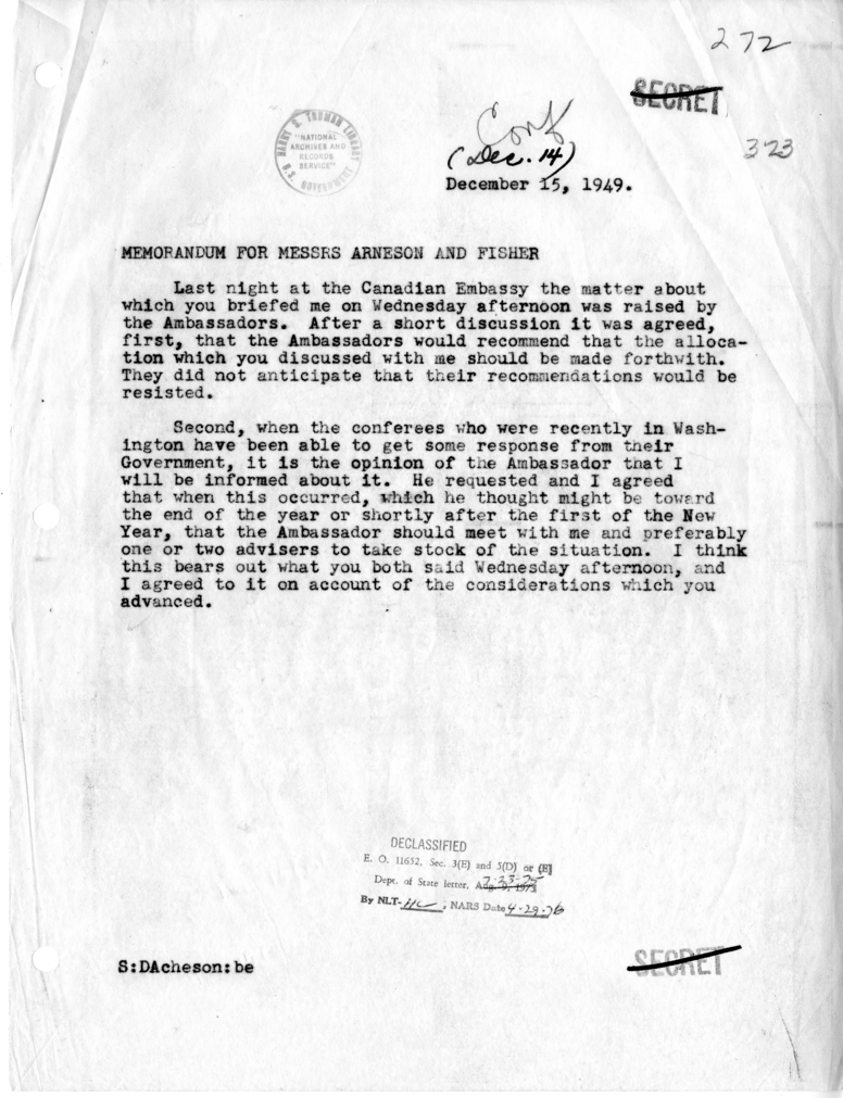 Memorandum, Dean Acheson to R. Gordon Arneson and Mr. Fisher