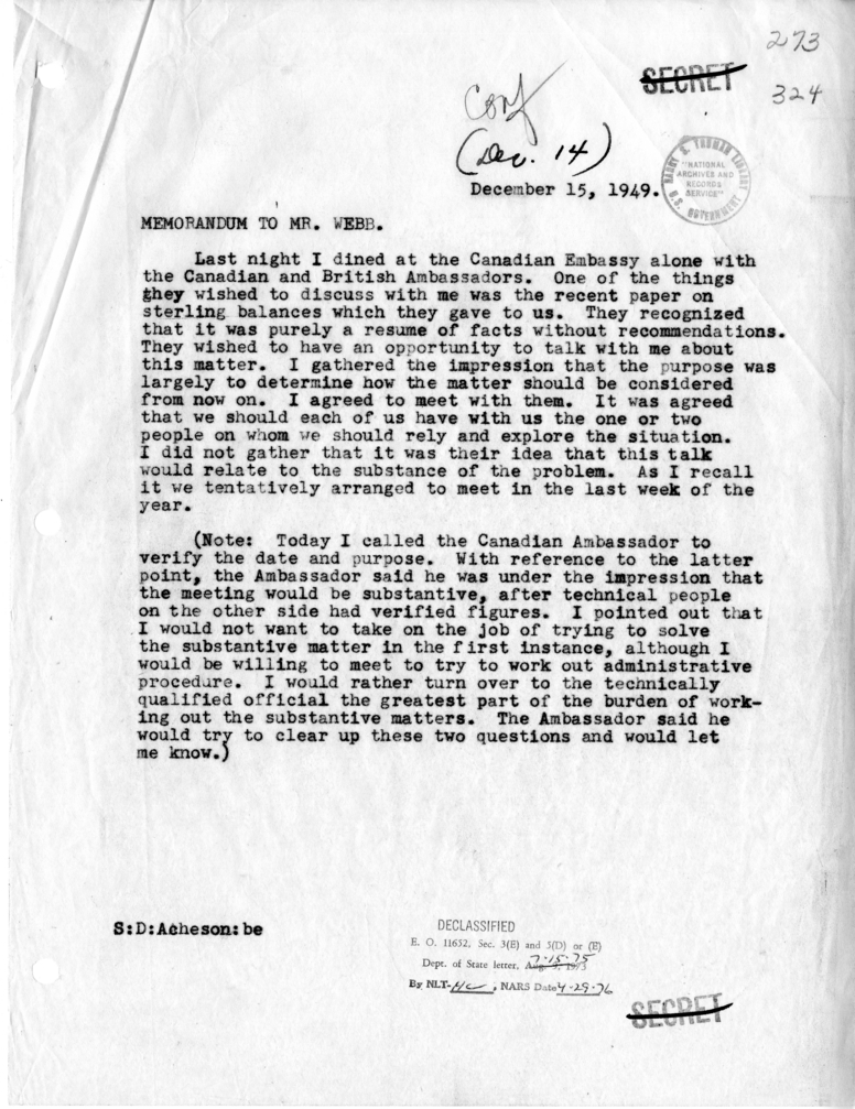 Memorandum, Dean Acheson to James Webb