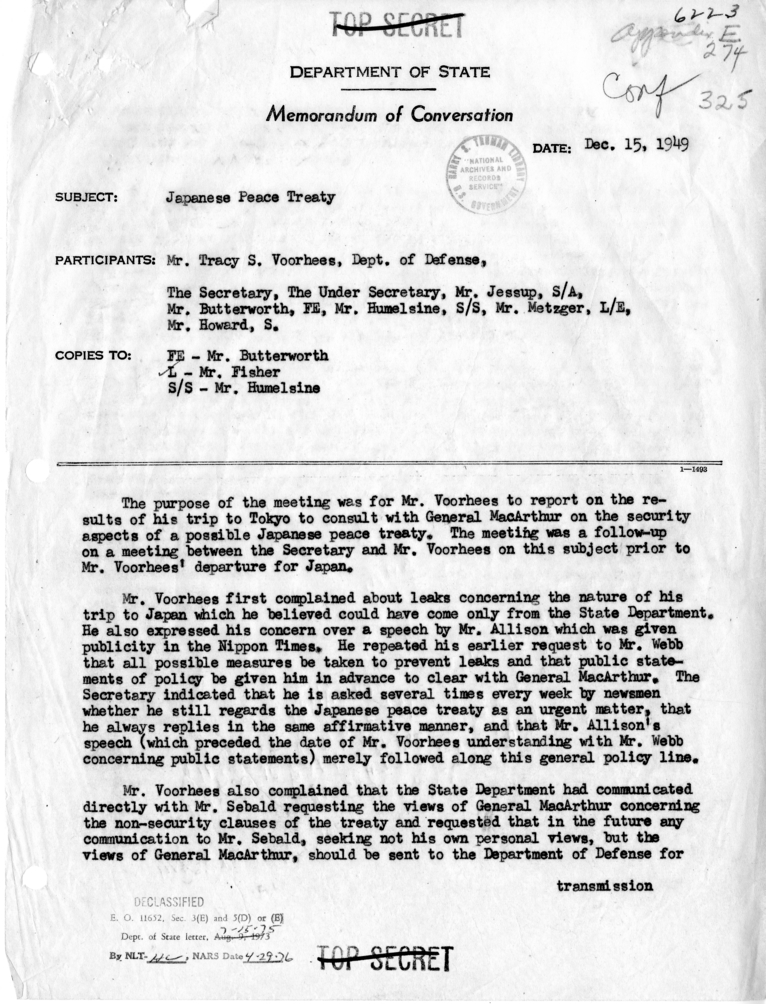 Memorandum of Conversation with Tracy S. Voorhees of the Department of Defense and Others