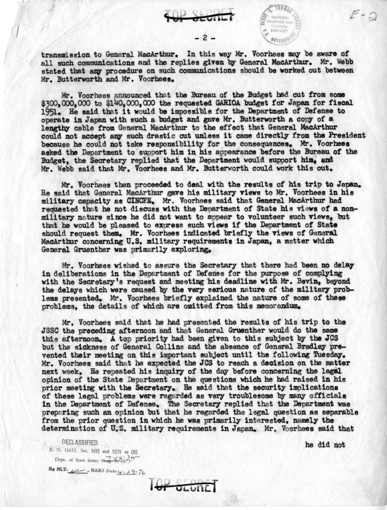 Memorandum of Conversation with Tracy S. Voorhees of the Department of Defense and Others