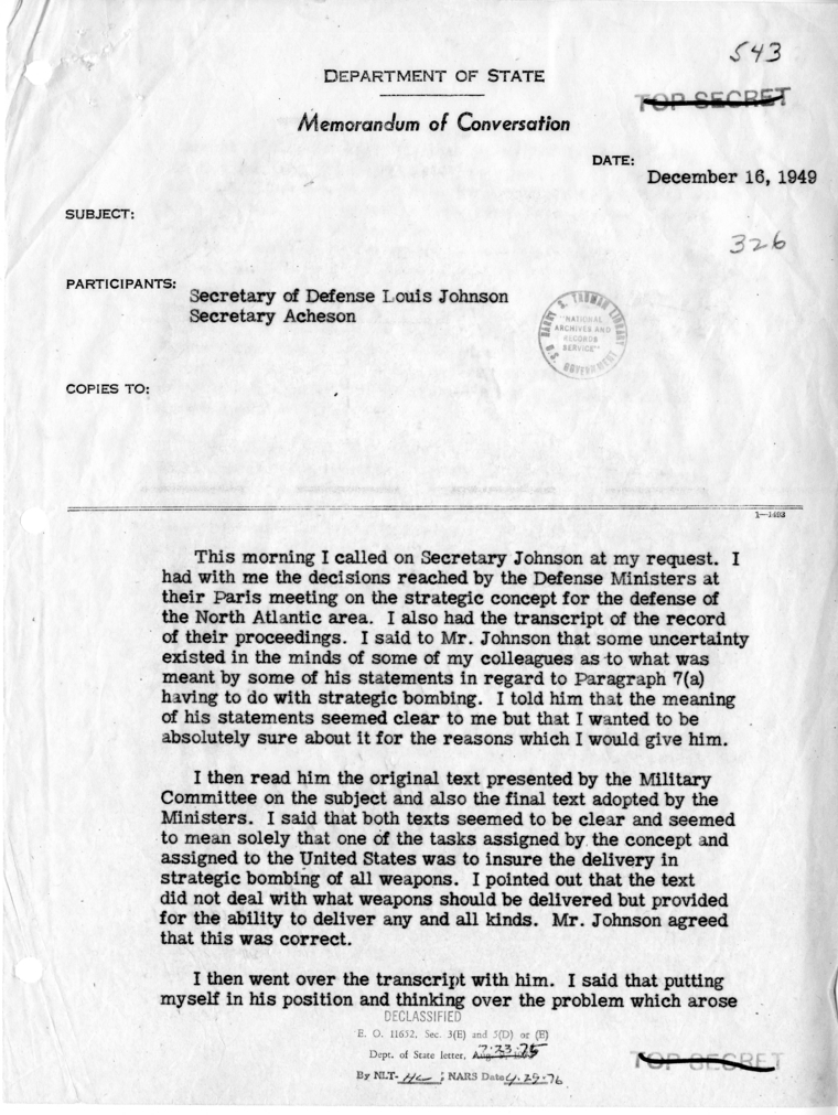 Memorandum of Conversation with Secretary of Defense Louis Johnson