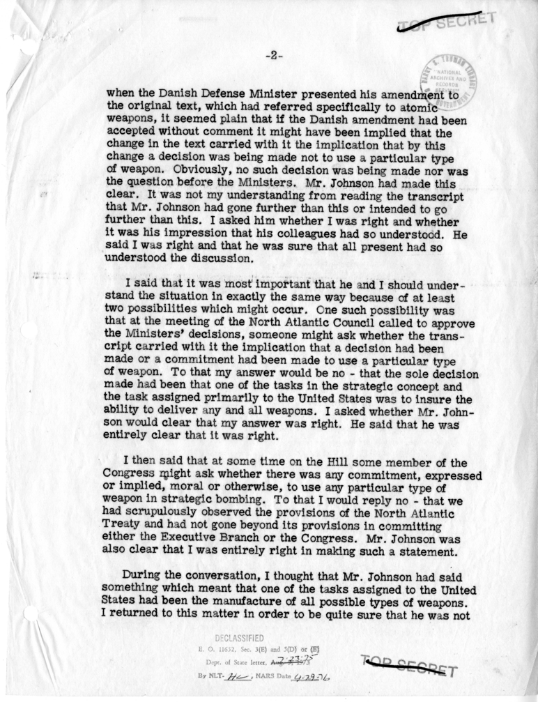 Memorandum of Conversation with Secretary of Defense Louis Johnson