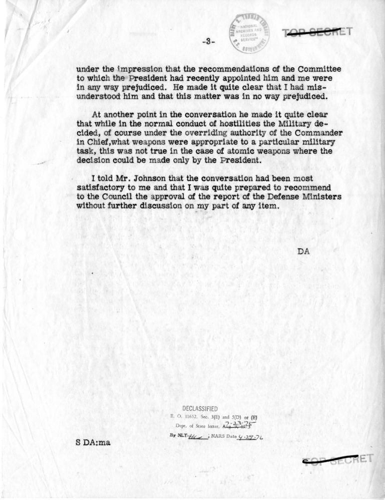 Memorandum of Conversation with Secretary of Defense Louis Johnson