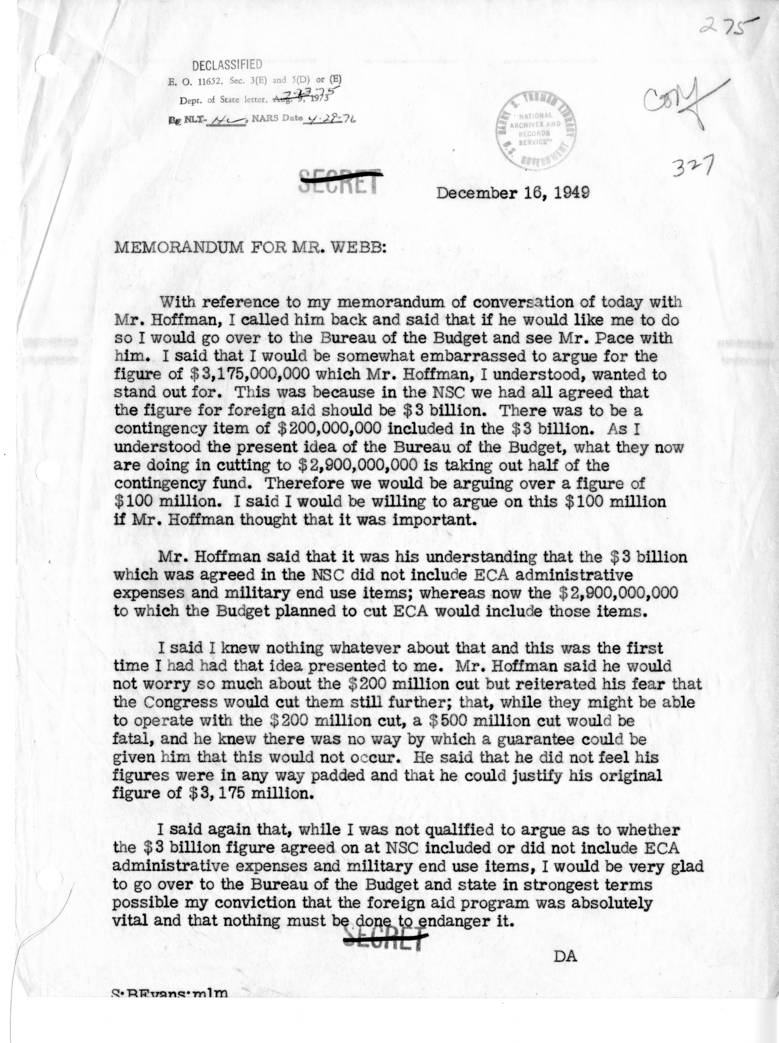 Memorandum, Dean Acheson to James Webb