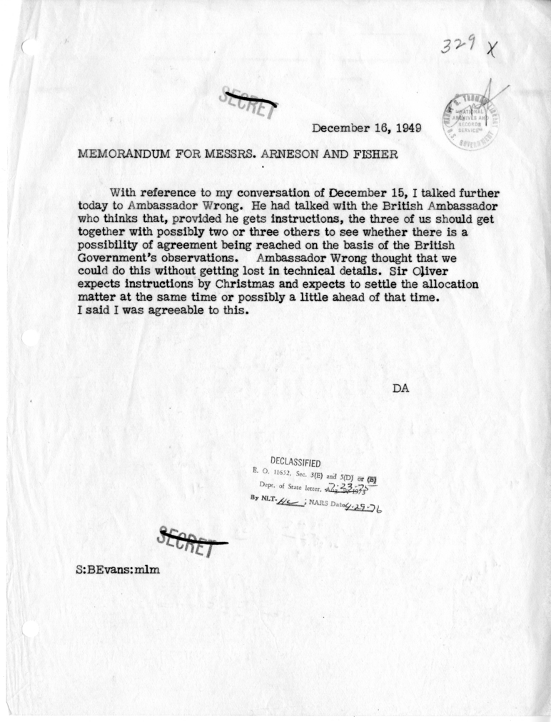 Memorandum, Dean Acheson to R. Gordon Arneson and Mr. Fisher