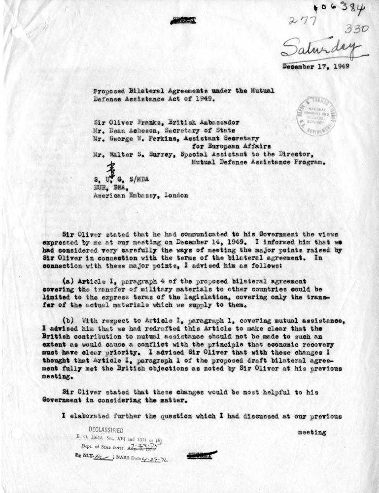 Memorandum of Conversation with Sir Oliver Franks, Mr. George W. Perkins, and Mr. Walter S. Surrey