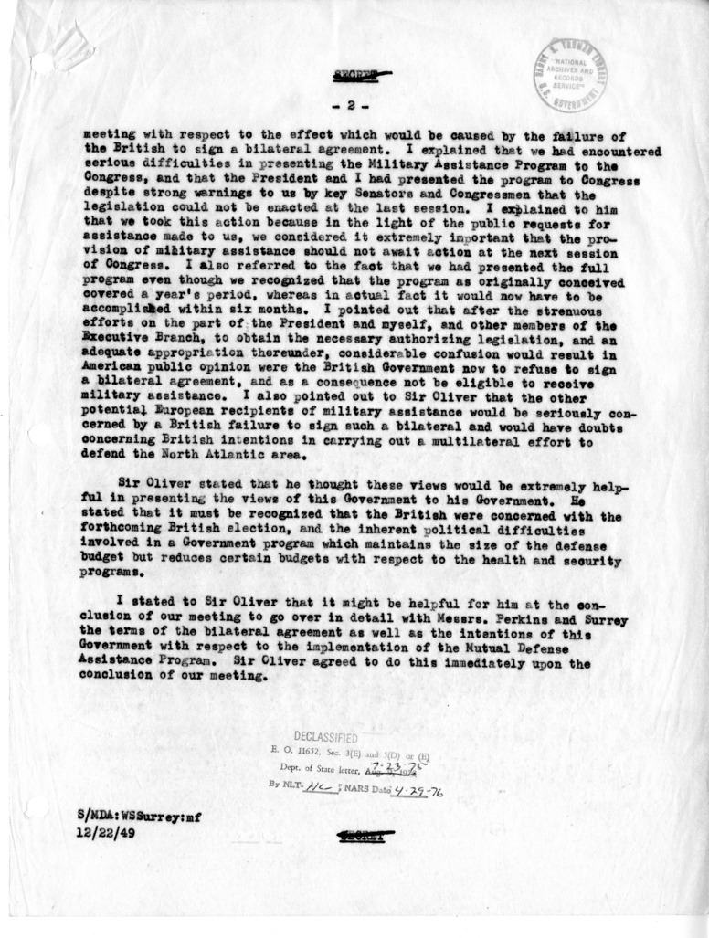 Memorandum of Conversation with Sir Oliver Franks, Mr. George W. Perkins, and Mr. Walter S. Surrey