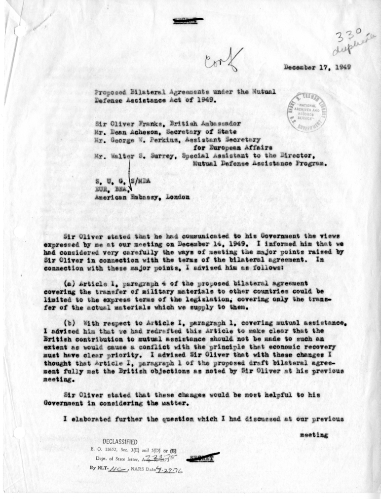 Memorandum of Conversation with Sir Oliver Franks, George W. Perkins, and Walter S. Surrey