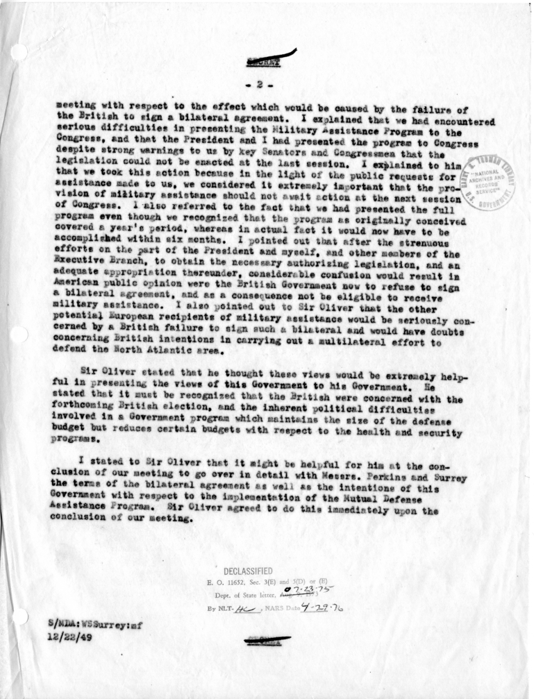 Memorandum of Conversation with Sir Oliver Franks, George W. Perkins, and Walter S. Surrey