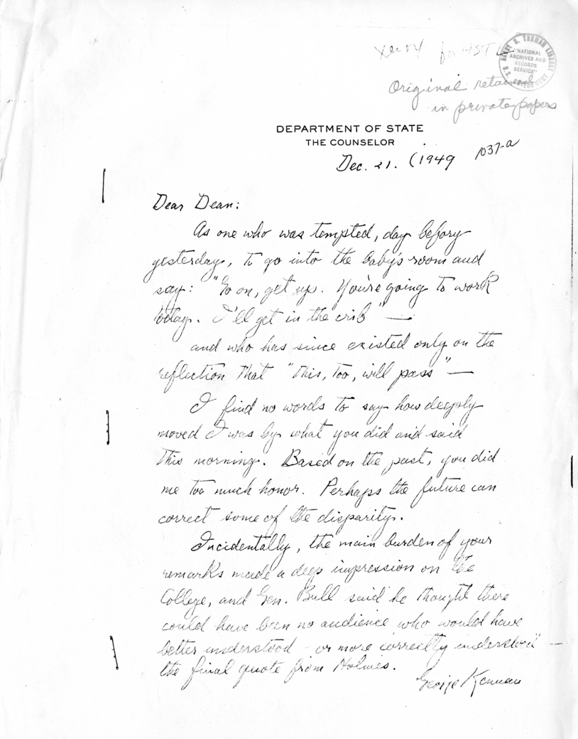 Letter, George Kennan to Dean Acheson