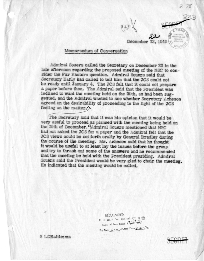 Memorandum of Telephone Conversation with Admiral Sidney Souers