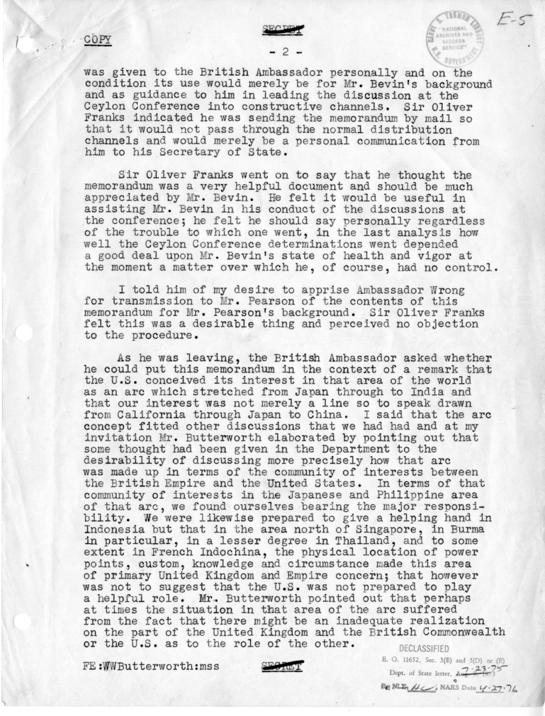 Memorandum of Conversation with Sir Oliver Franks and W. Walton Butterworth