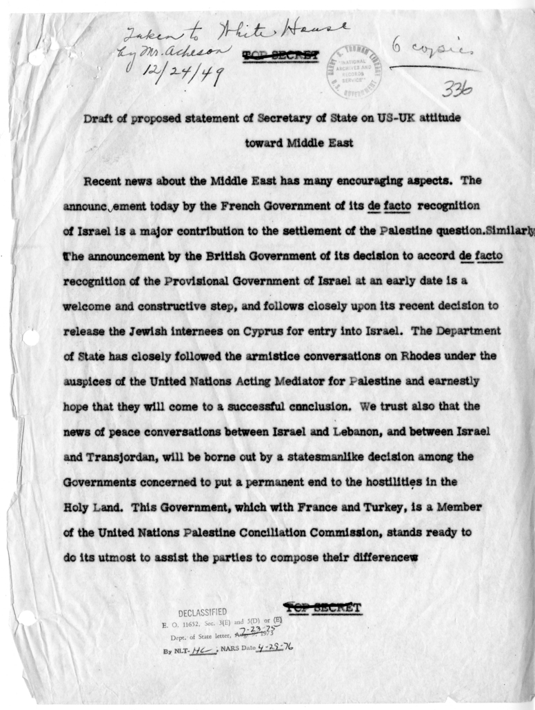 Draft of Proposed Statement of Secretary of State on United States-United Kingdom Attitude Toward Middle East