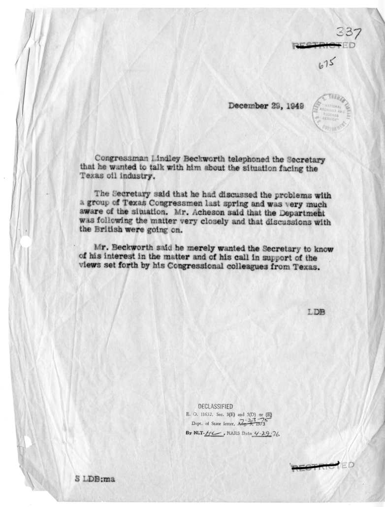Memorandum of Telephone Conversation with Congressman Lindley Beckworth