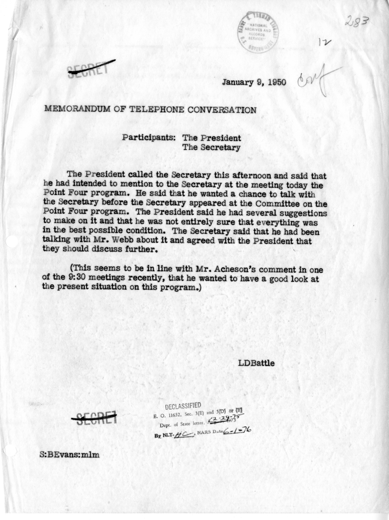 Memorandum of Telephone Conversation with President Harry S. Truman