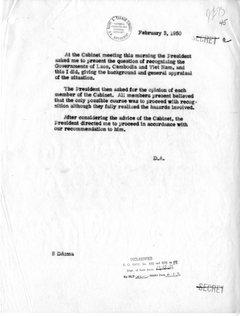 Memorandum of Presentation by Dean Acheson at the Cabinet Meeting