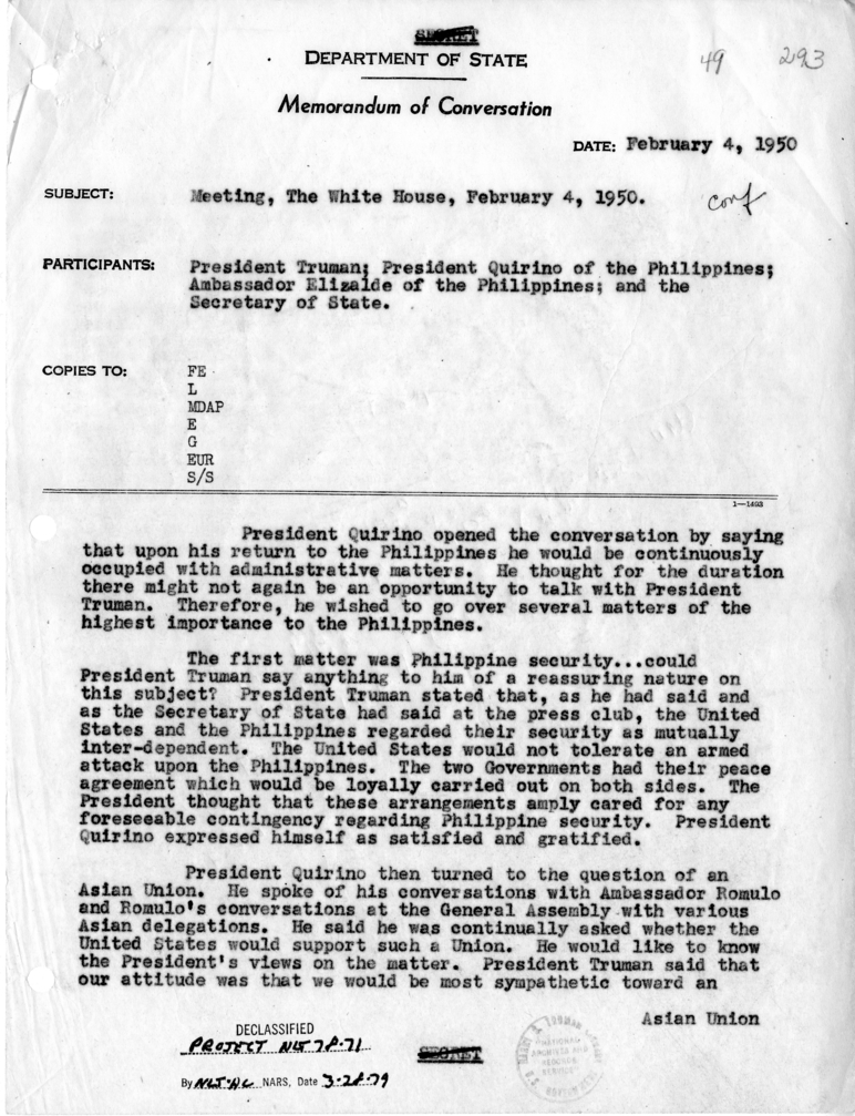 Memorandum of Conversation with President Harry S. Truman, President Elpidio Quirino of the Philippines and Ambassador Joaquin Elizalde of the Philippines