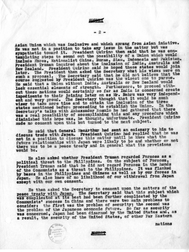 Memorandum of Conversation with President Harry S. Truman, President Elpidio Quirino of the Philippines and Ambassador Joaquin Elizalde of the Philippines