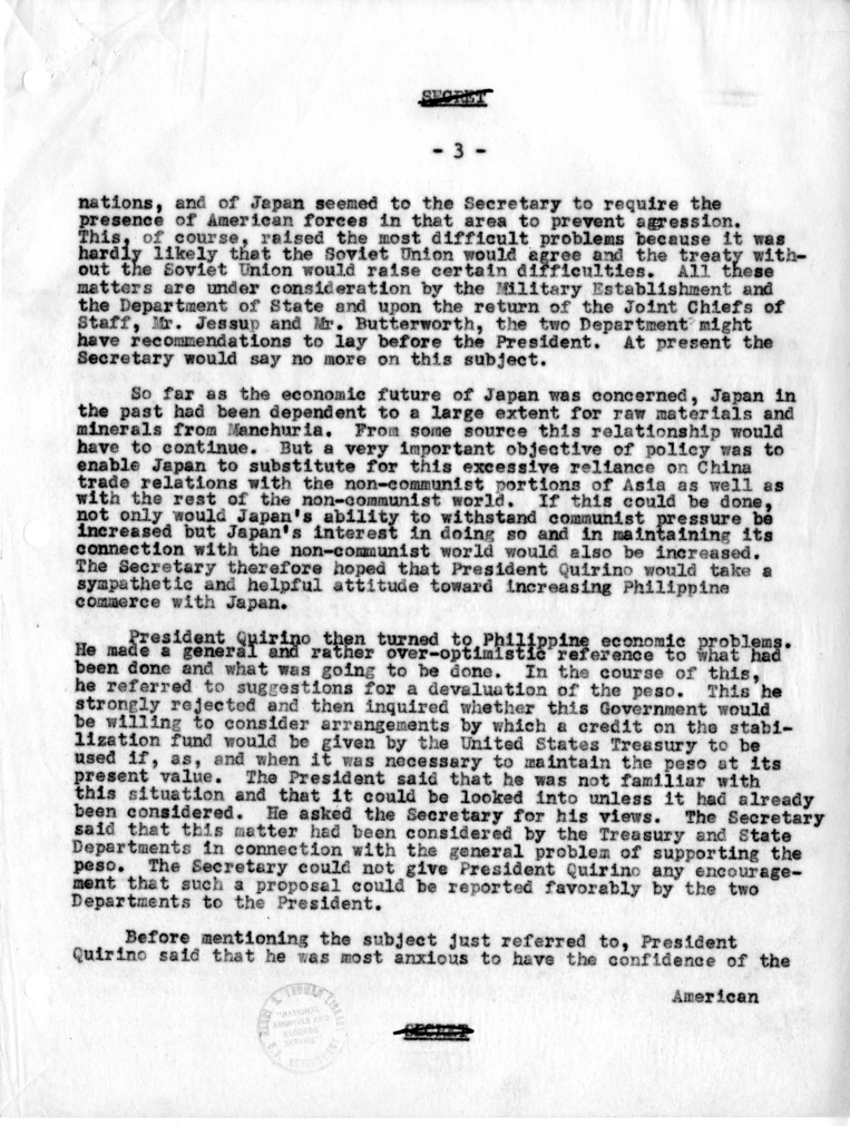 Memorandum of Conversation with President Harry S. Truman, President Elpidio Quirino of the Philippines and Ambassador Joaquin Elizalde of the Philippines