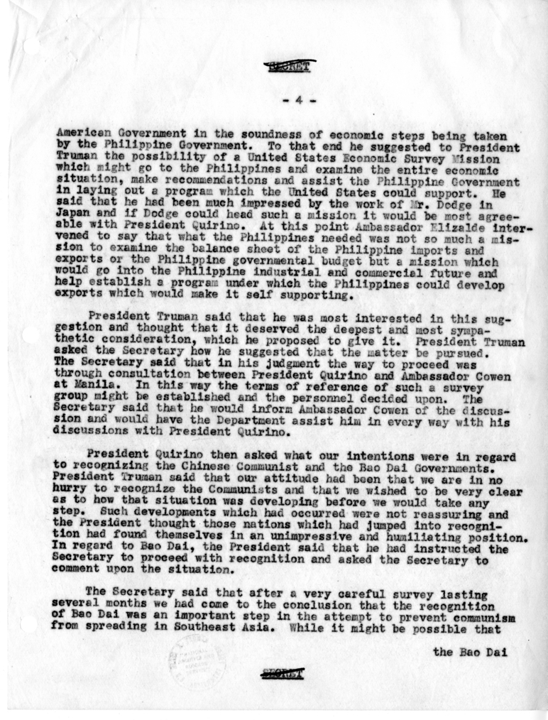 Memorandum of Conversation with President Harry S. Truman, President Elpidio Quirino of the Philippines and Ambassador Joaquin Elizalde of the Philippines