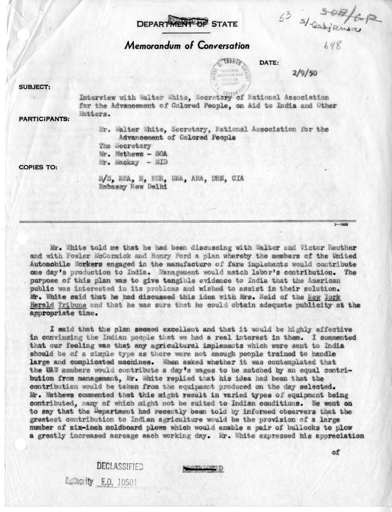 Memorandum of Conversation with Mr. Walter White, Secretary, National Association for the Advancement of Colored People (NAACP) and Others