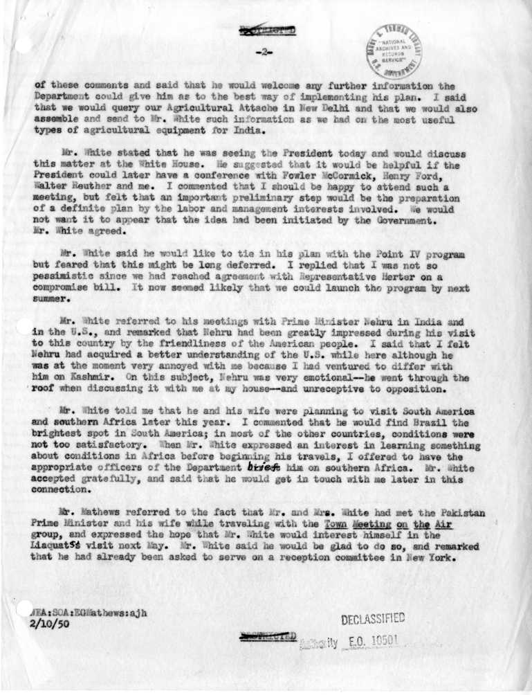 Memorandum of Conversation with Mr. Walter White, Secretary, National Association for the Advancement of Colored People (NAACP) and Others