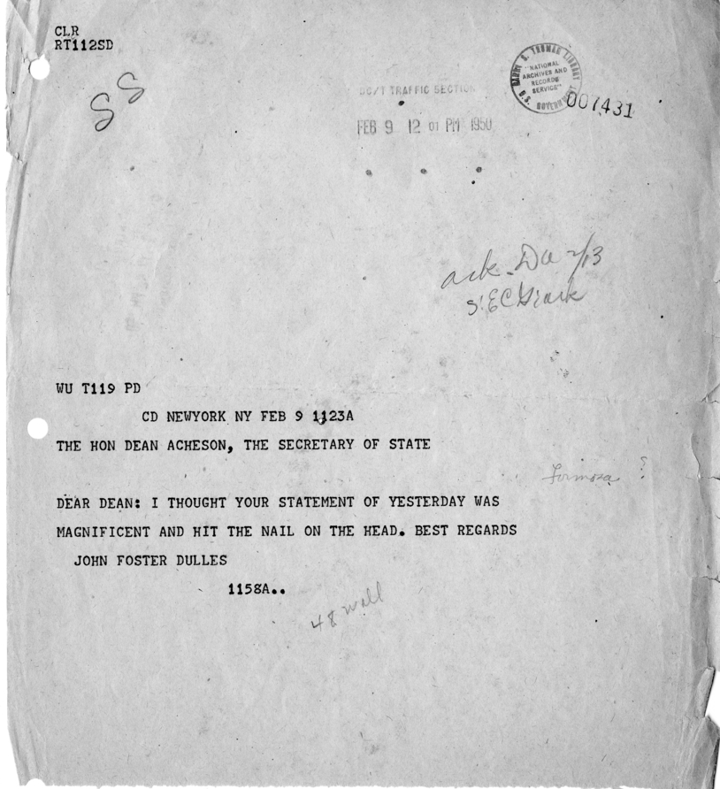 Telegram, John Foster Dulles to Dean Acheson