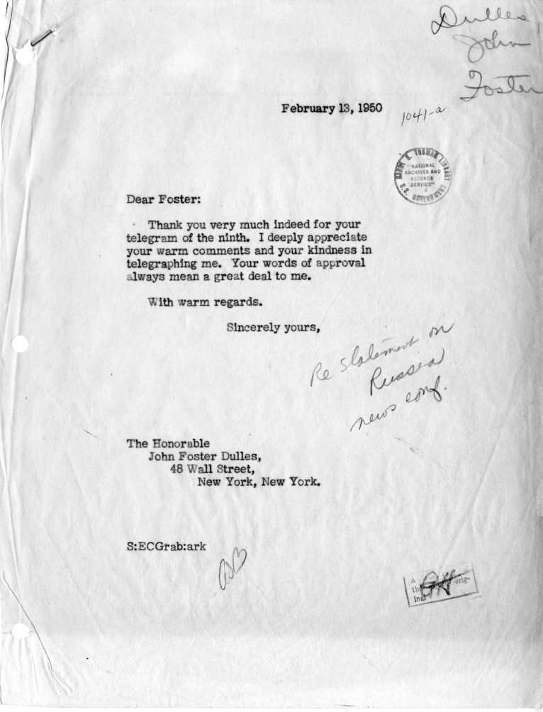 Letter, Dean Acheson to John Foster Dulles