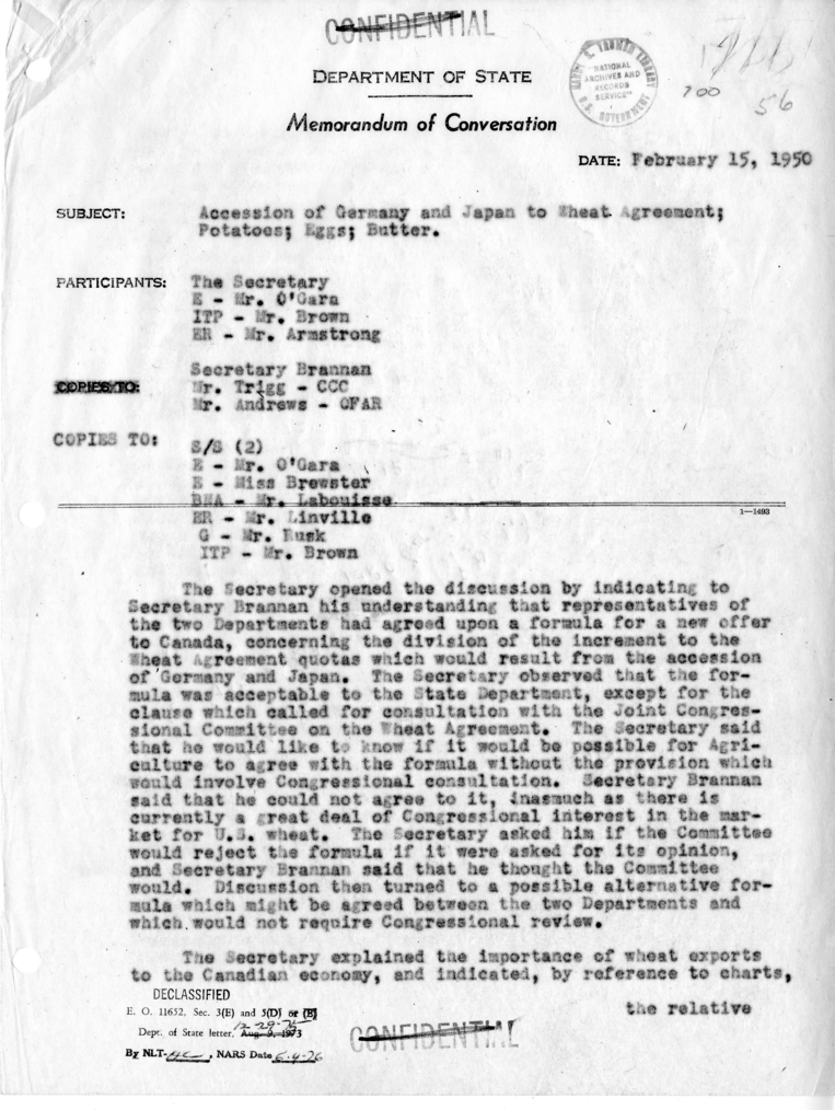 Memorandum of Conversation with Secretary of Agriculture Charles Brannan and Others