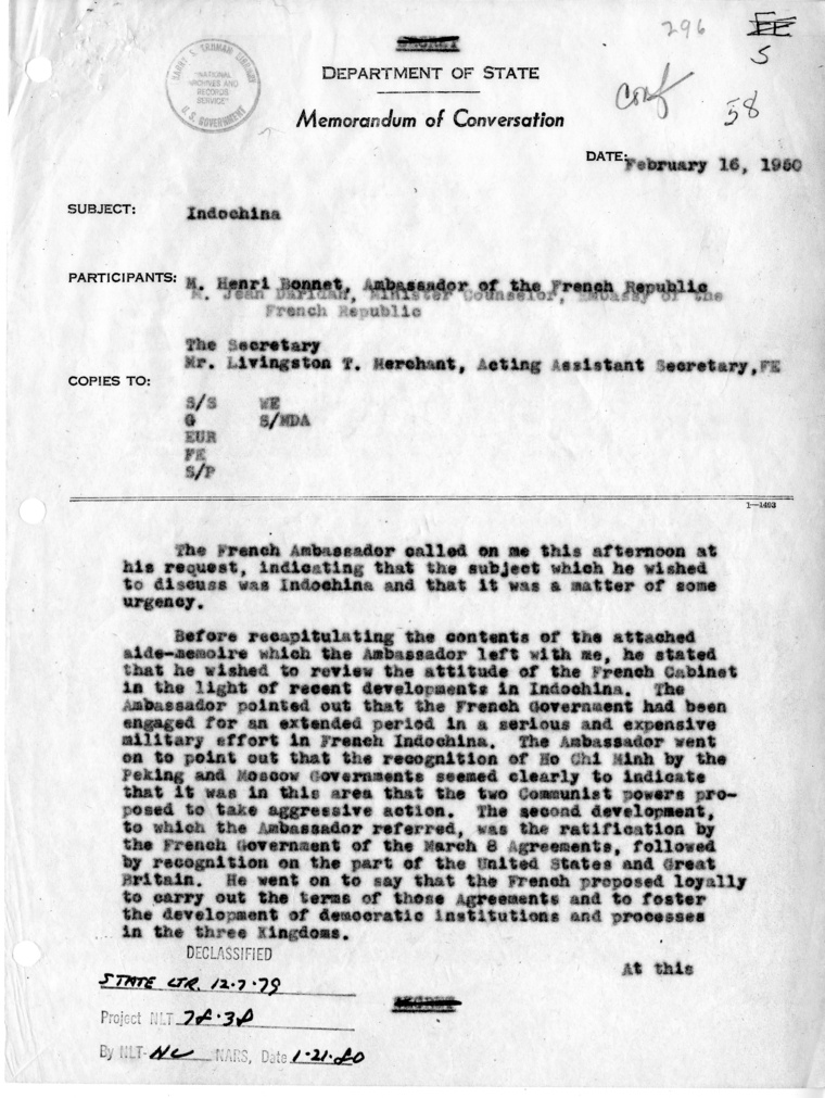 Memorandum of Conversation with the Ambassador of France, Henri Bonnet, and Others