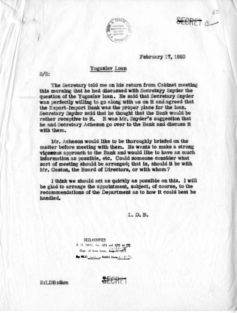 Memorandum from Lucuis D. Battle Regarding Conversation Between Dean Acheson and John Snyder