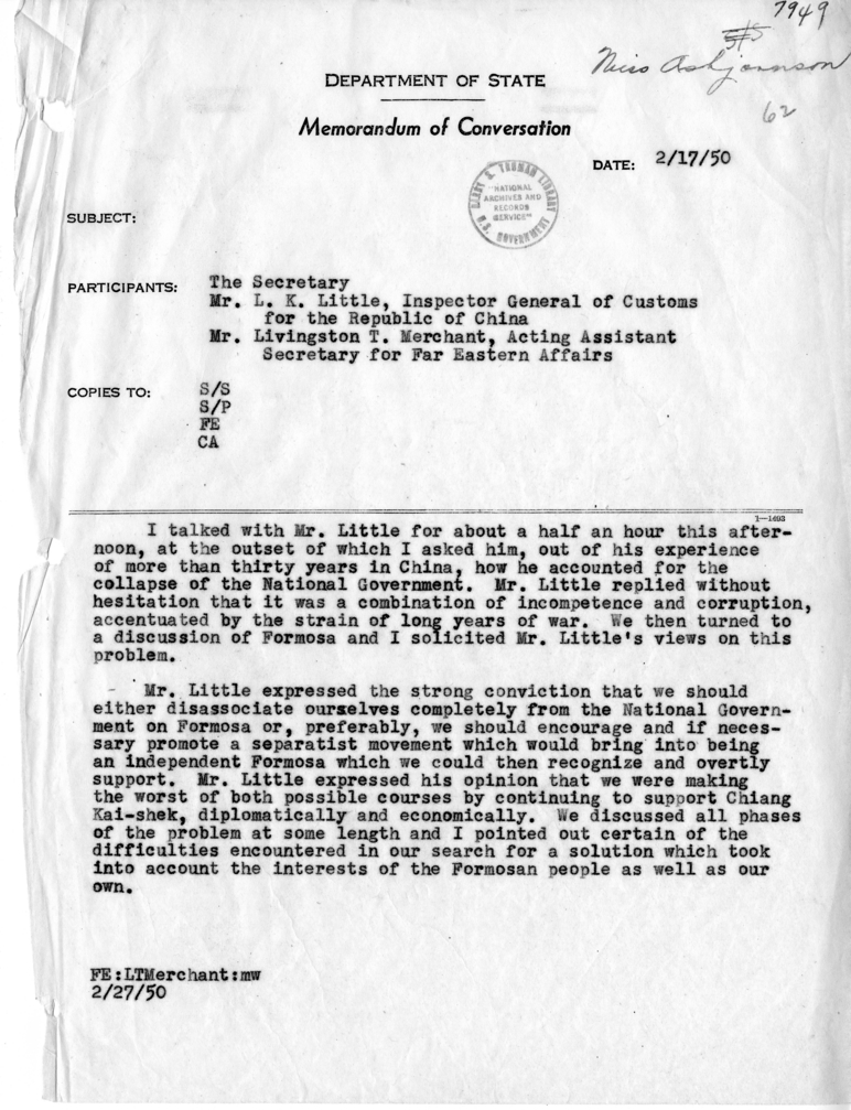 Memorandum of Conversation with Mr. L. K. Little, Inspector General of Customs for the Republic of China, and Mr. Livingston T. Merchant