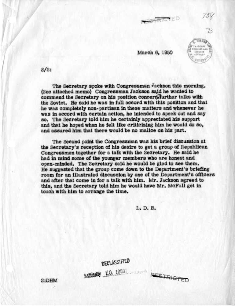 Memorandum of Conversation with Congressman Donald Jackson