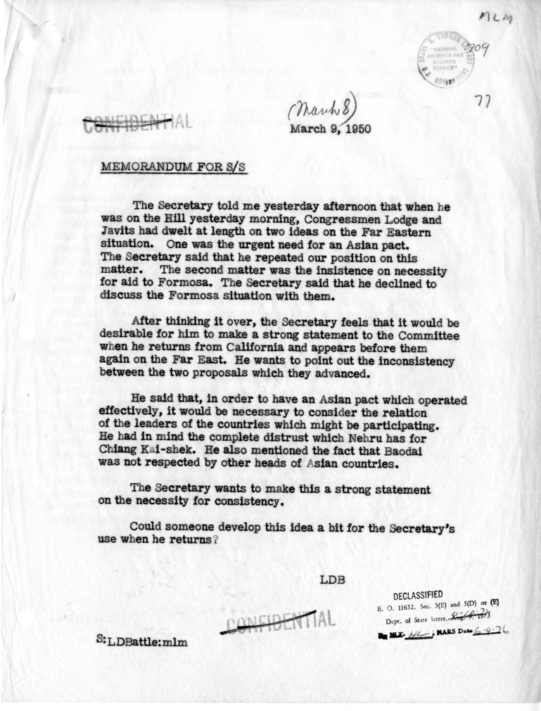 Memorandum from Lucuis D. Battle Concerning Conversation between Dean Acheson, Congressman John D. Lodge and Congressman Jacob Javits