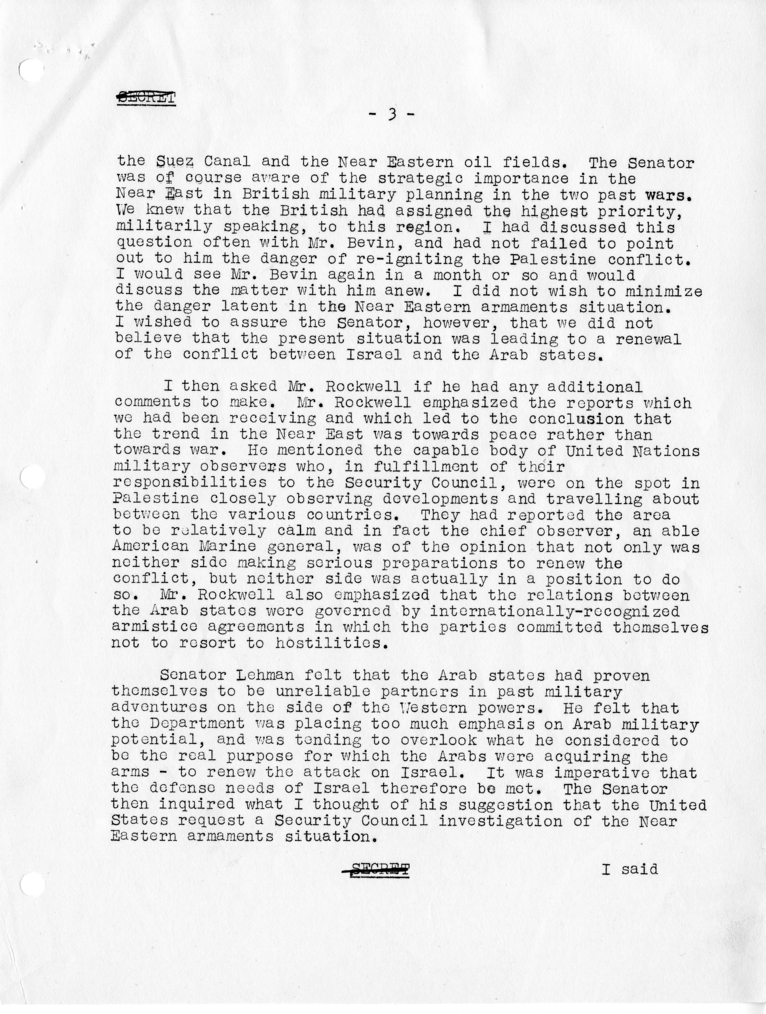 Memorandum of Conversation with Senator Herbert Lehman of New York, Mr. Edelstine (Senator Lehman's Legislative Assistant), and Stuart Rockwell