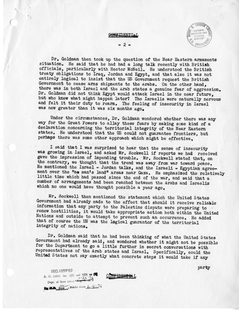 Memorandum of Conversation with Dr. Nahum Goldman, Chairman, American Section, The Jewish Agency for Palestine, and Stuart Rockwell