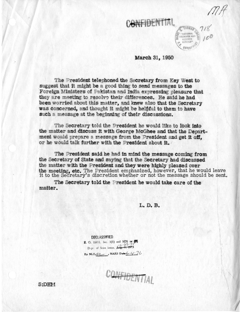 Memorandum of Telephone Conversation with President Harry S. Truman