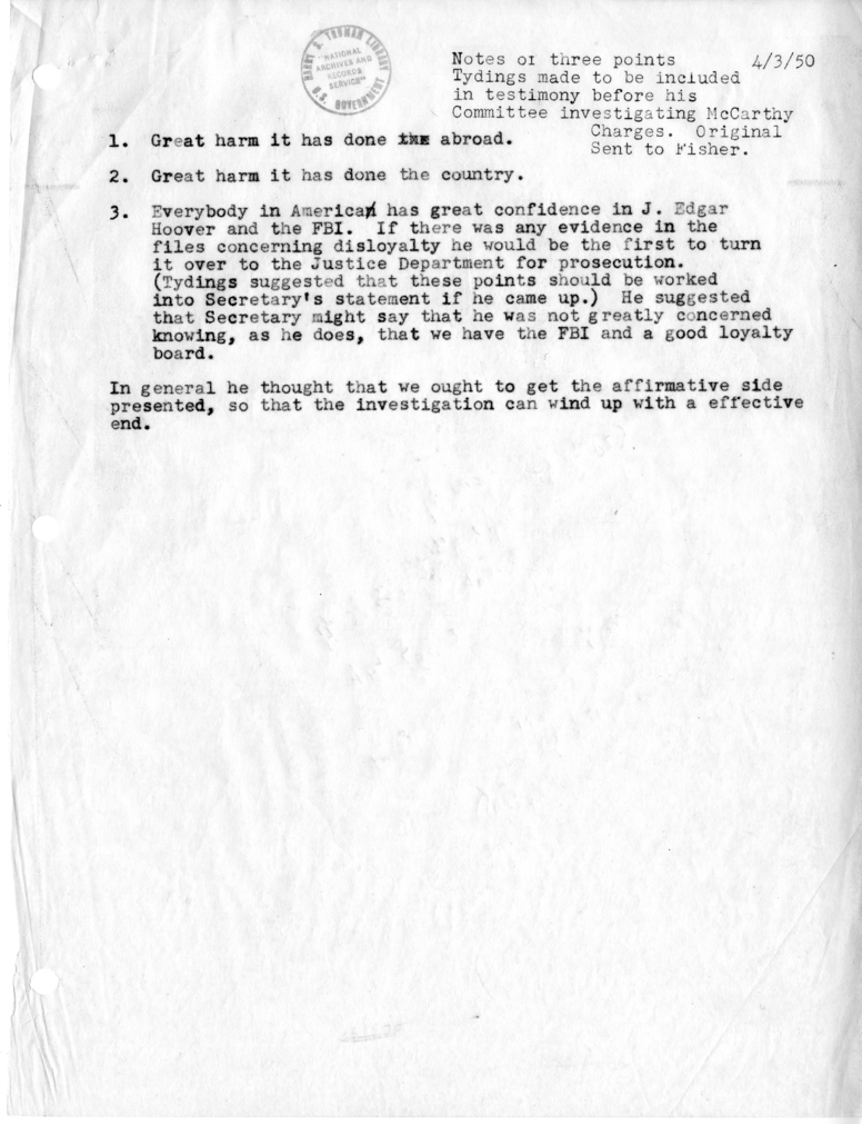 Memorandum of Telephone Conversation with Senator Millard Tydings
