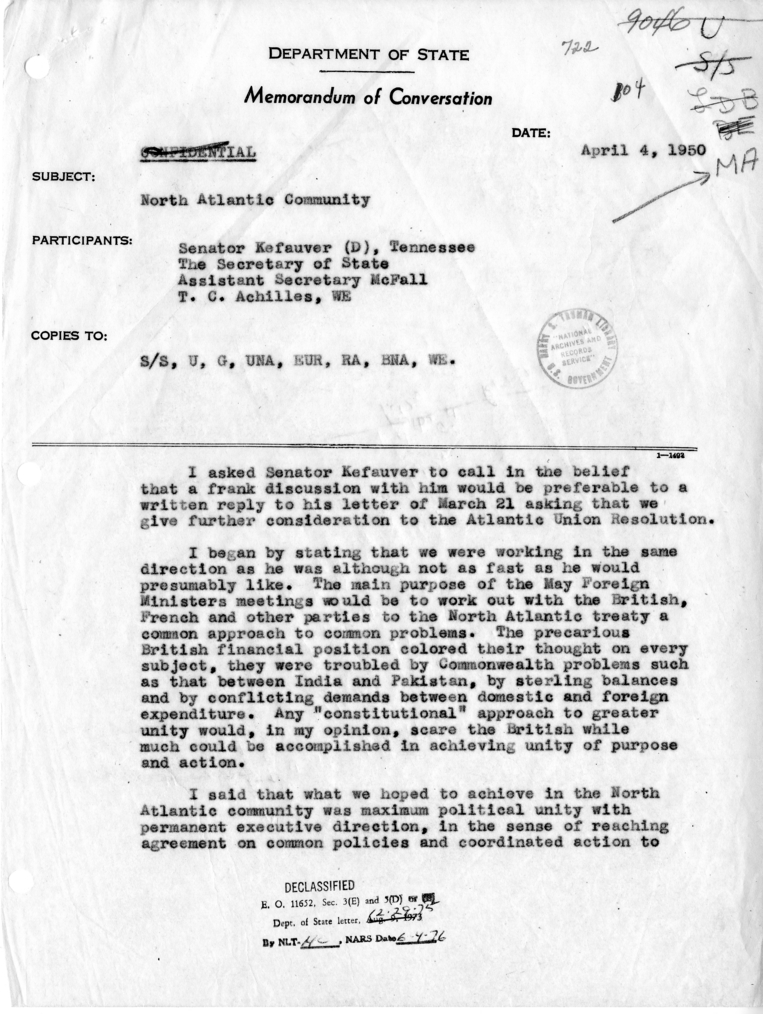 Memorandum of Conversation with Senator Estes Kefauver, Assistant Secretary Jack McFall and Theodore Achilles