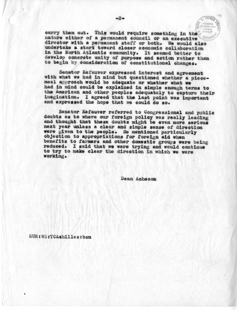 Memorandum of Conversation with Senator Estes Kefauver, Assistant Secretary Jack McFall and Theodore Achilles