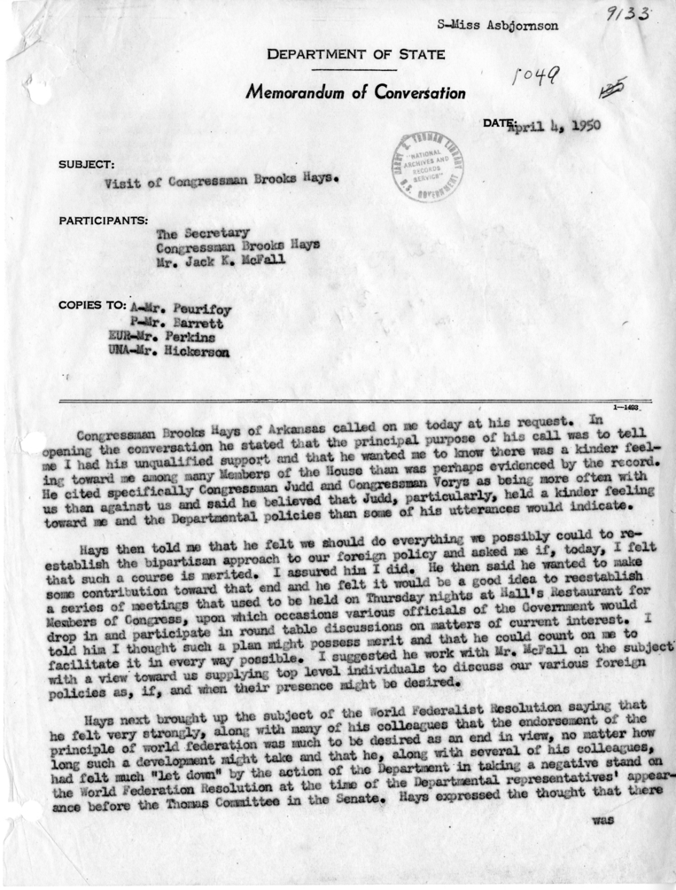 Memorandum of Conversation with Congressman Brooks Hays and Assistant Secretary Jack McFall