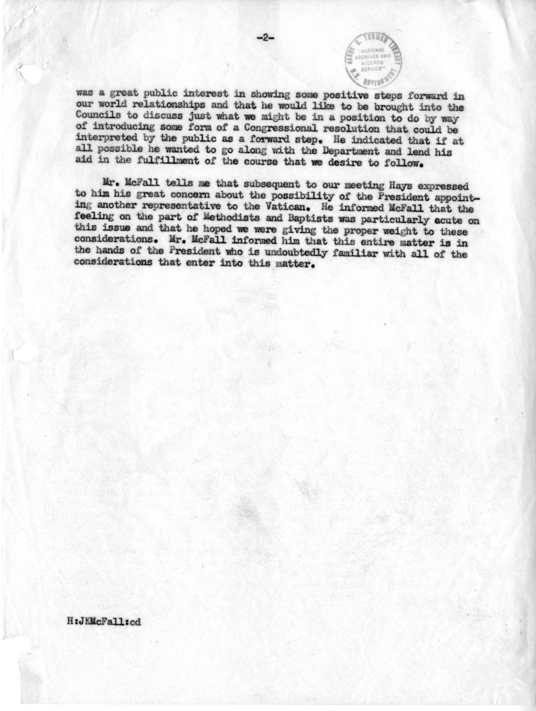 Memorandum of Conversation with Congressman Brooks Hays and Assistant Secretary Jack McFall