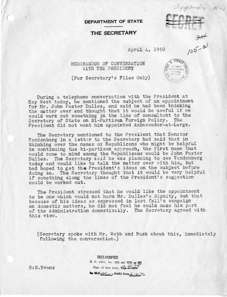 Memorandum of Telephone Conversation with President Harry S. Truman