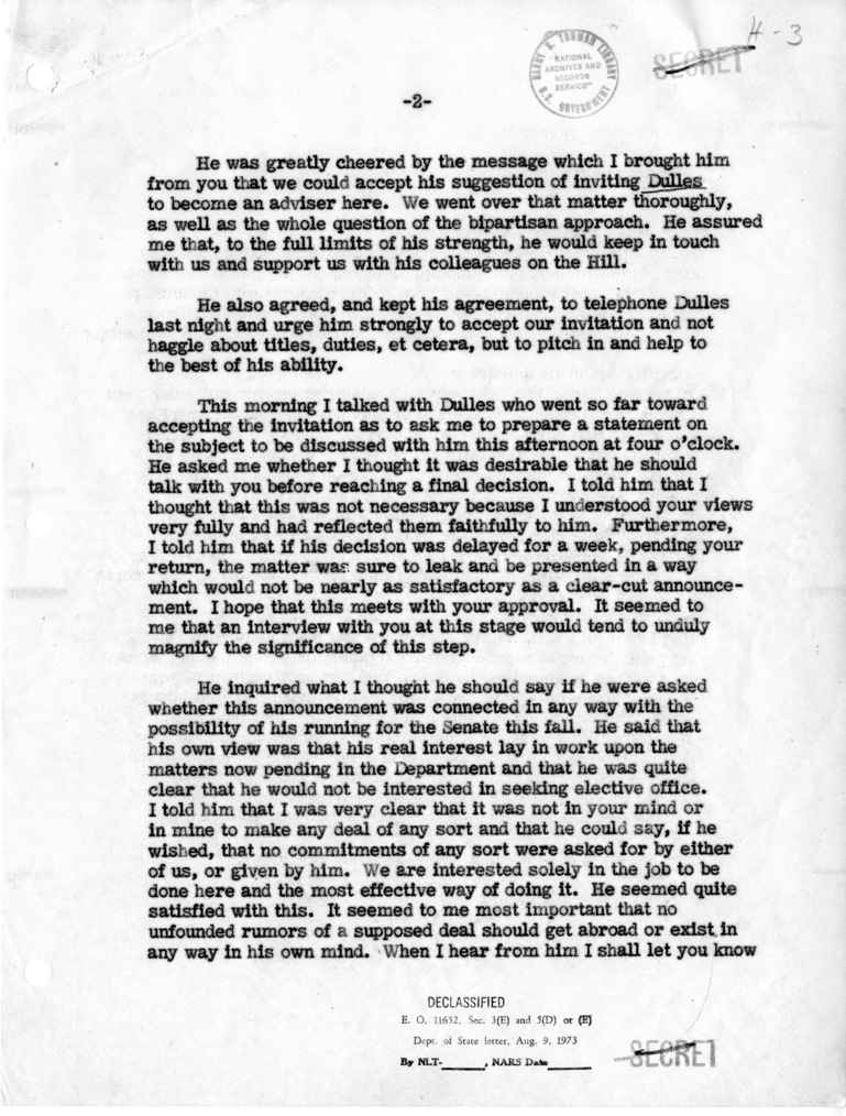 Letter from Dean Acheson to President Harry S. Truman