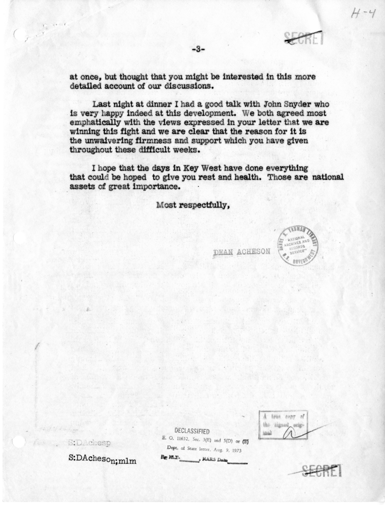 Letter from Dean Acheson to President Harry S. Truman