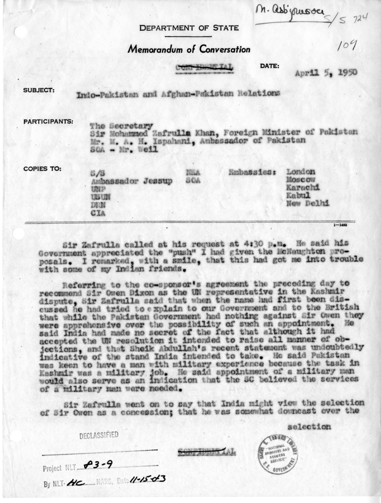 Memorandum of Conversation with the Ambassador and Foreign Minister of Pakistan