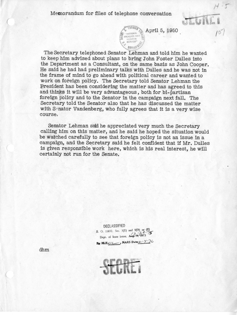 Memorandum of Telephone Conversation with Senator Herbert Lehman