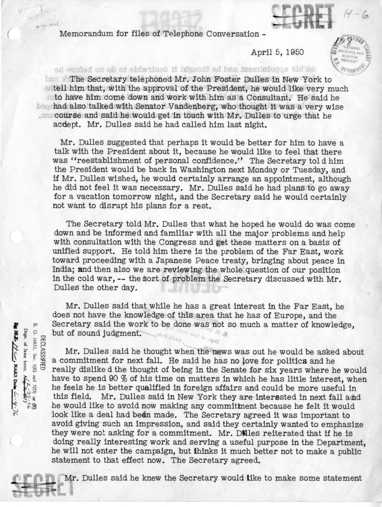 Memorandum of Telephone Conversation with John Foster Dulles